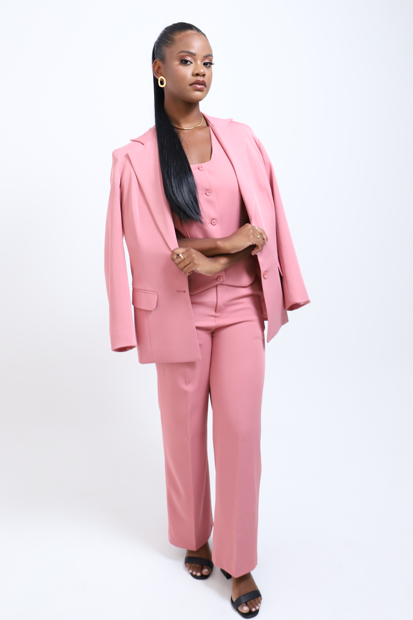 02 conjunto feminino de alfaiataria rosa