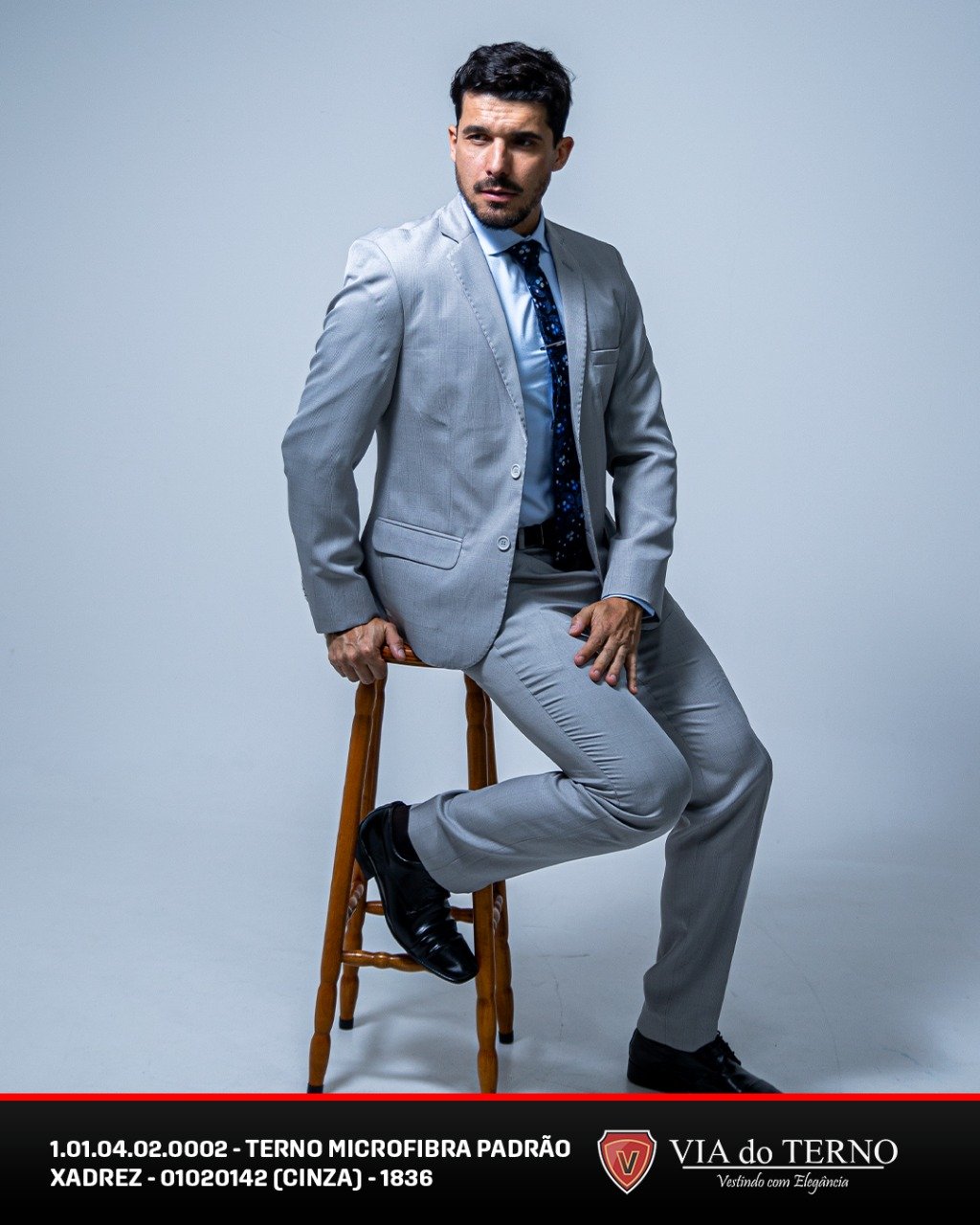 01 terno slim microfibra xadrez cinza