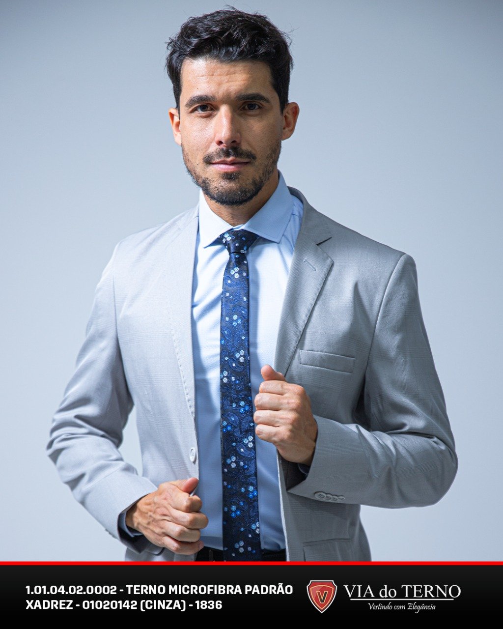 02 terno slim microfibra xadrez cinza