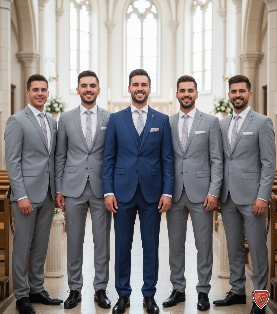 Noivo de terno azul marinho e padrinhos de terno cinza