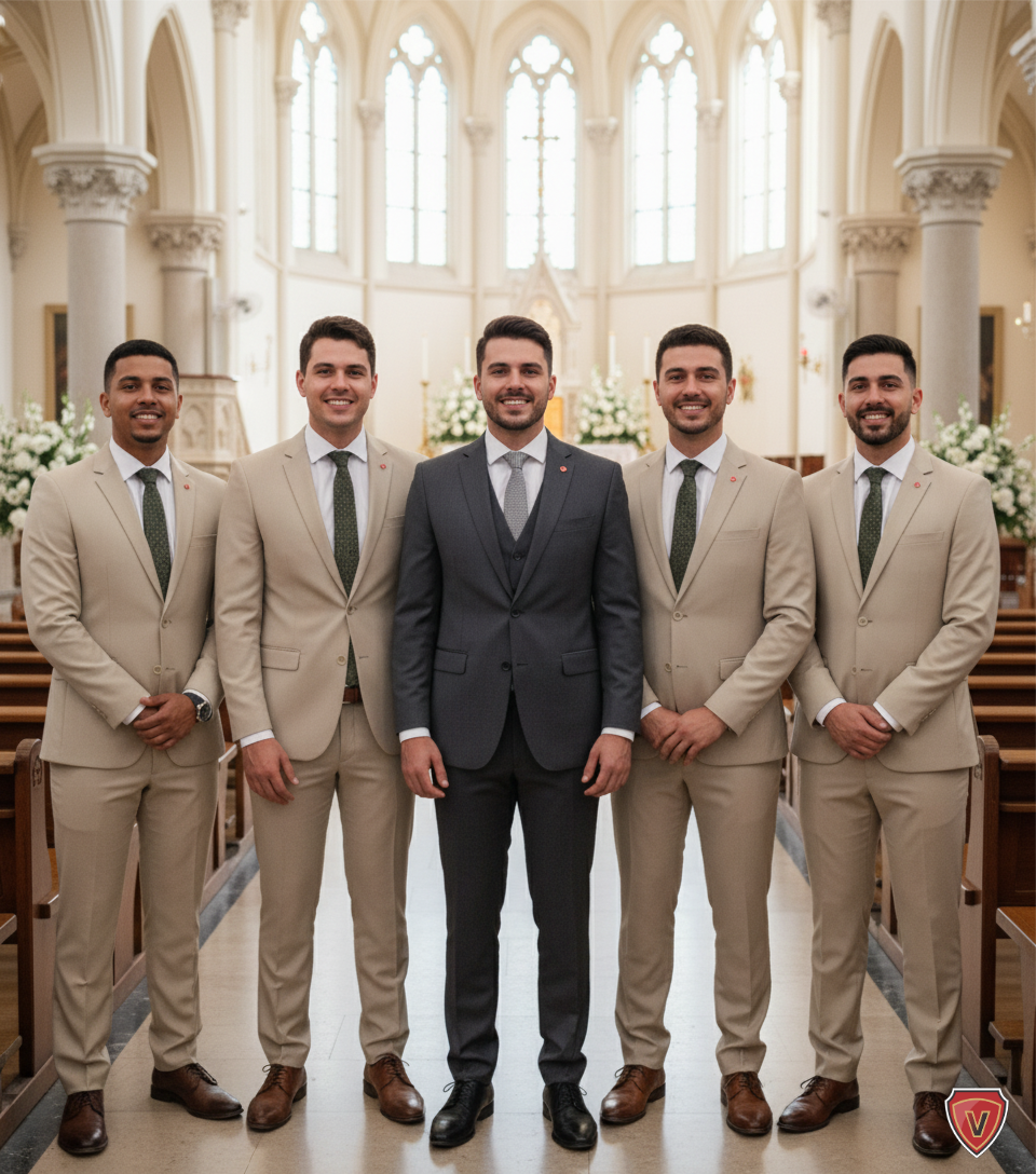 Noivo de terno chumbo e padrinhos bege claro