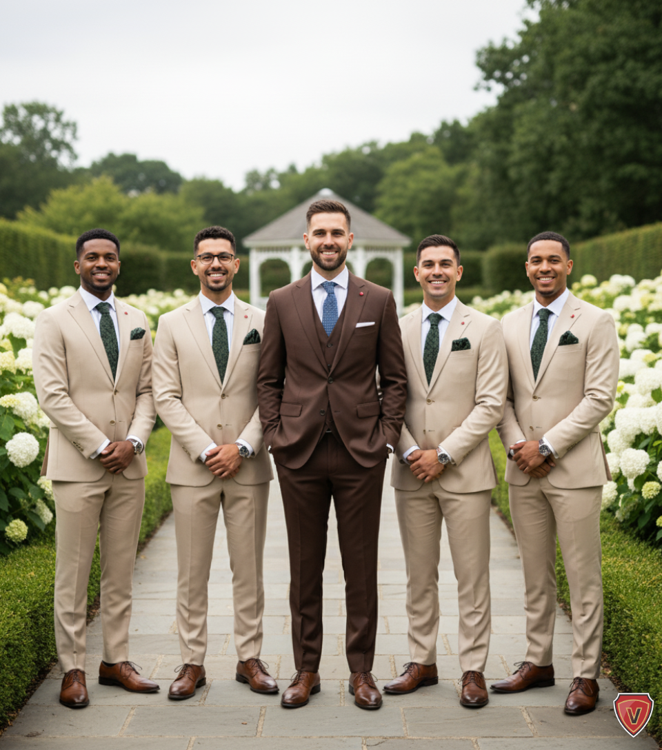 Noivo com terno marrom e padrinhos com terno bege