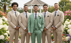 Noivo com terno verde e padrinhos com ternos bege Noivo com terno verde e padrinhos com ternos bege