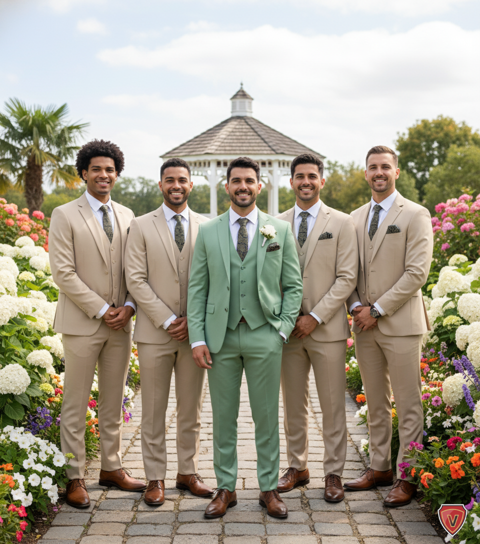 Noivo com terno verde e padrinhos com ternos bege