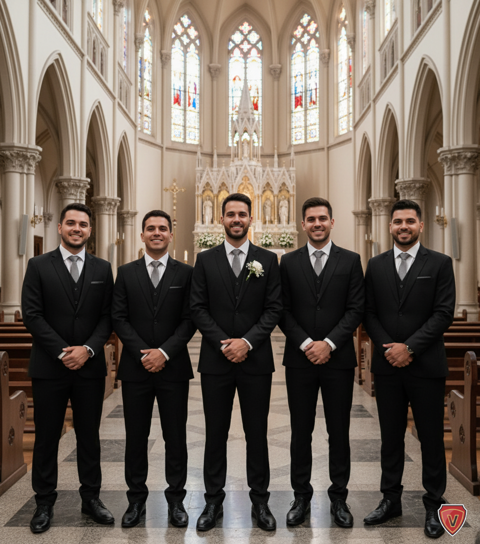 Noivo com terno preto e padrinhos com ternos preto