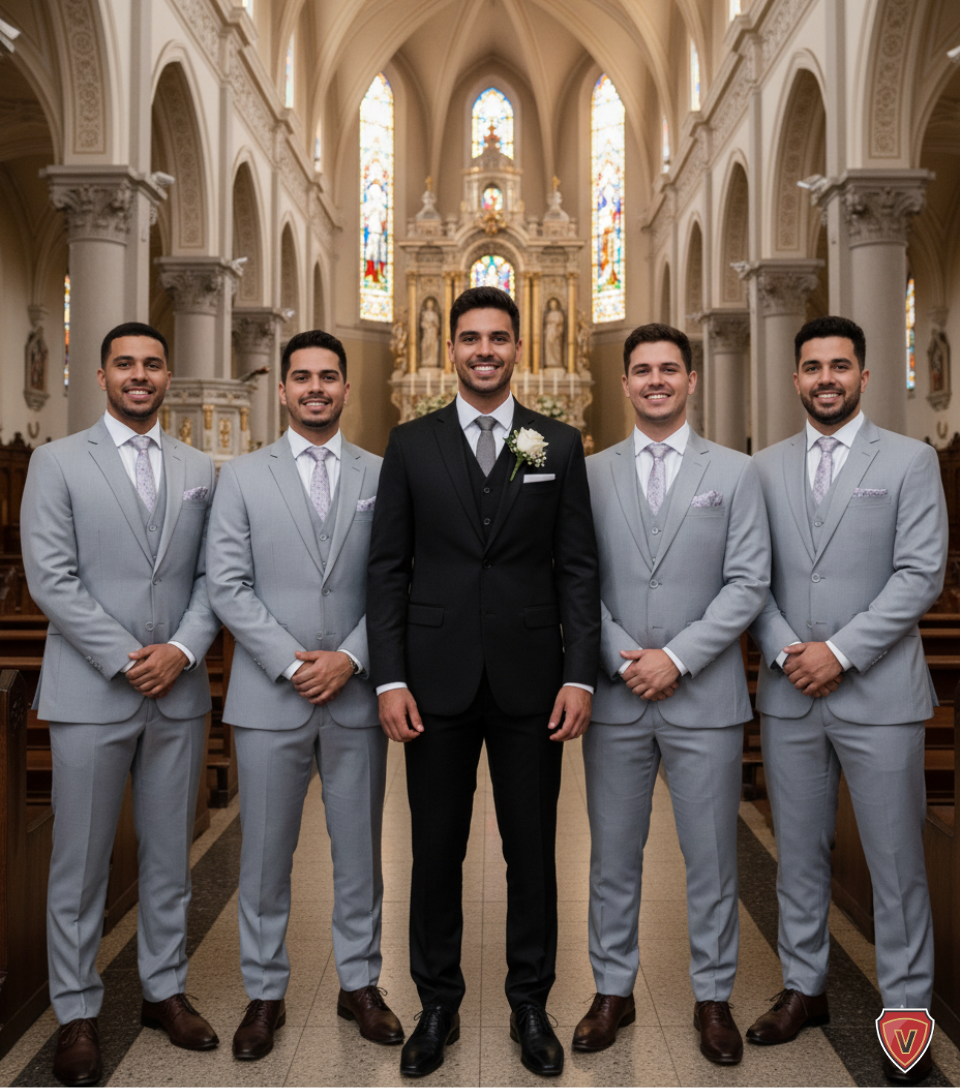 Noivo terno preto e padrinhos terno cinza