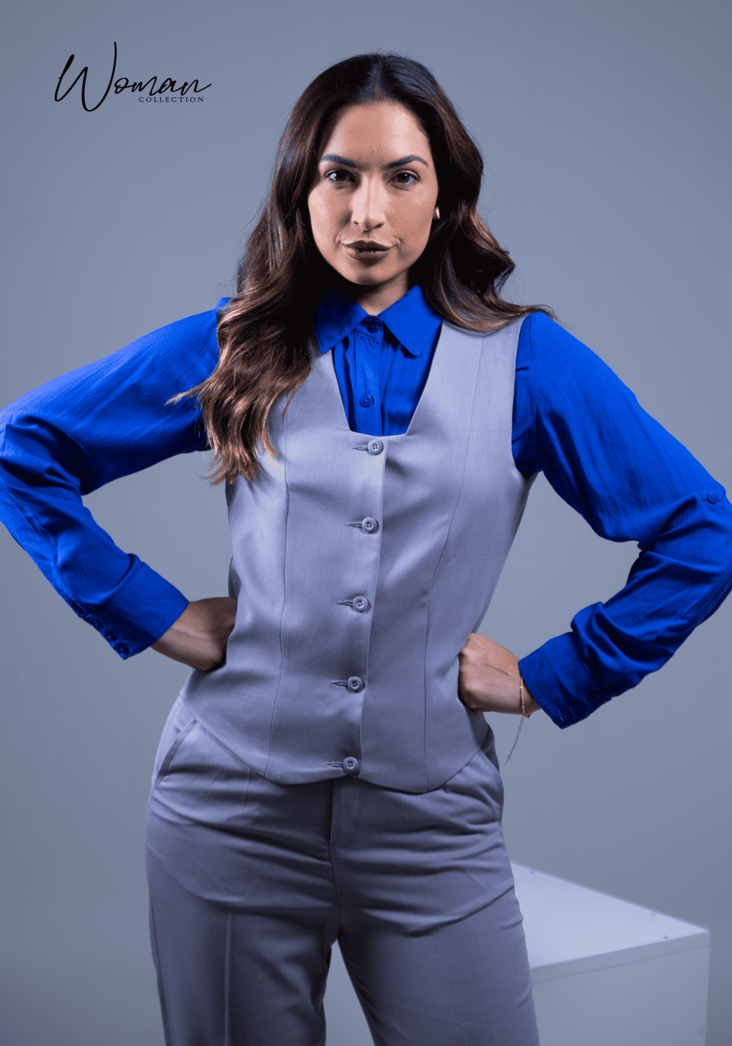 02 colete feminino de alfaiataria cinza fosco colecao cecilia