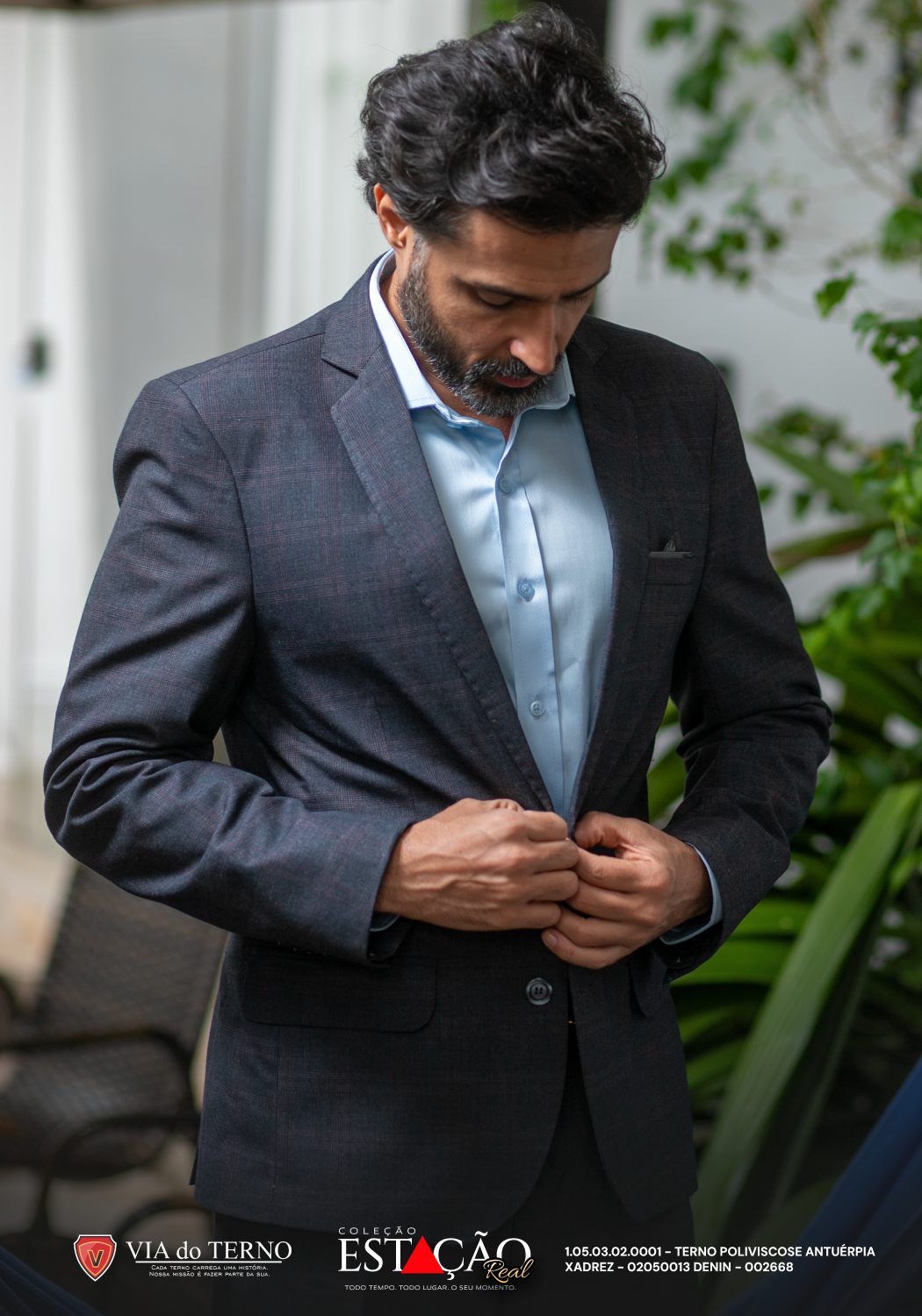 01 terno slim poliviscose xadrez denin