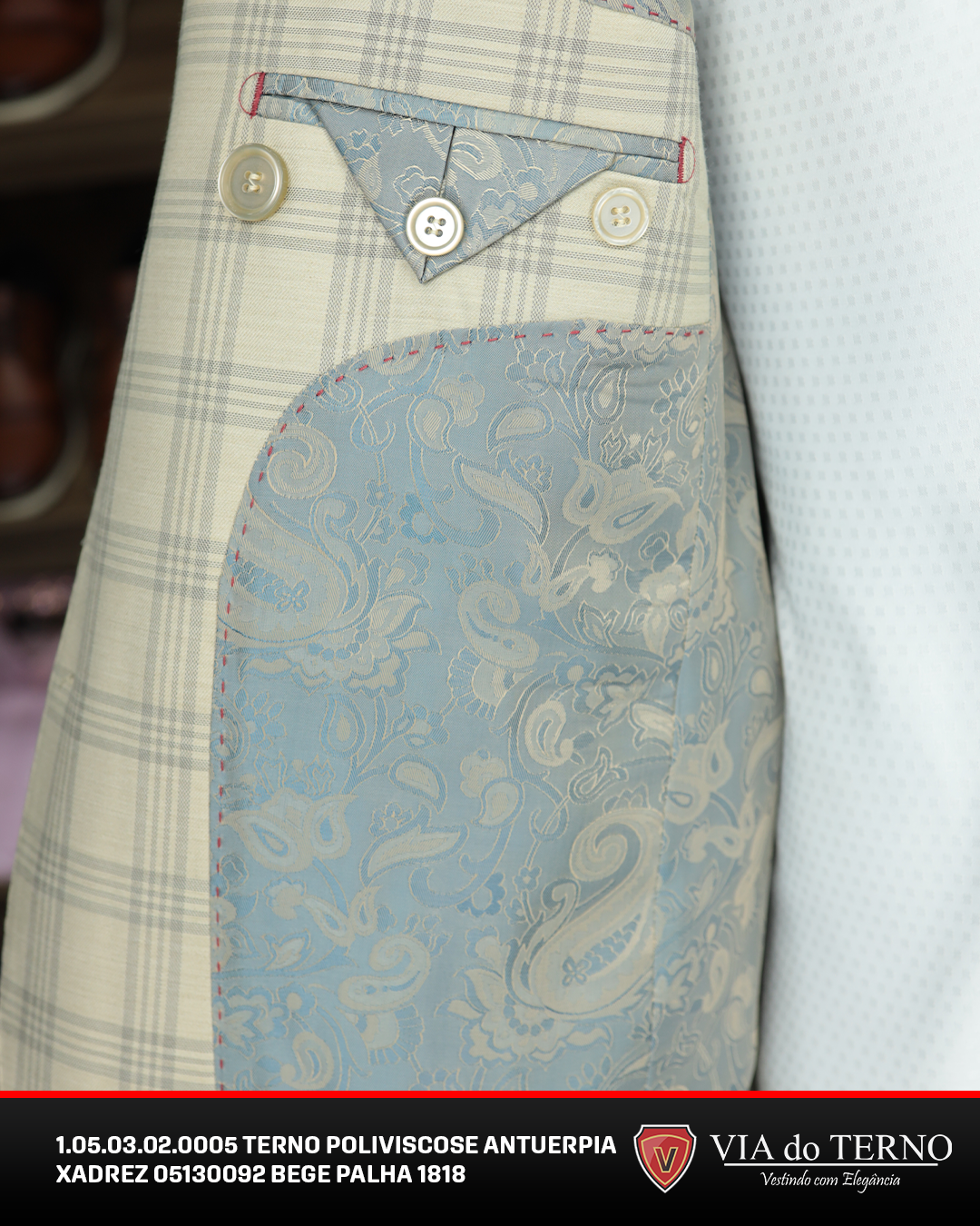 02 terno slim poliviscose xadrez bege palha