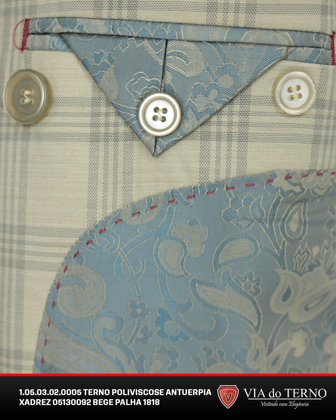 03 terno slim poliviscose xadrez bege palha