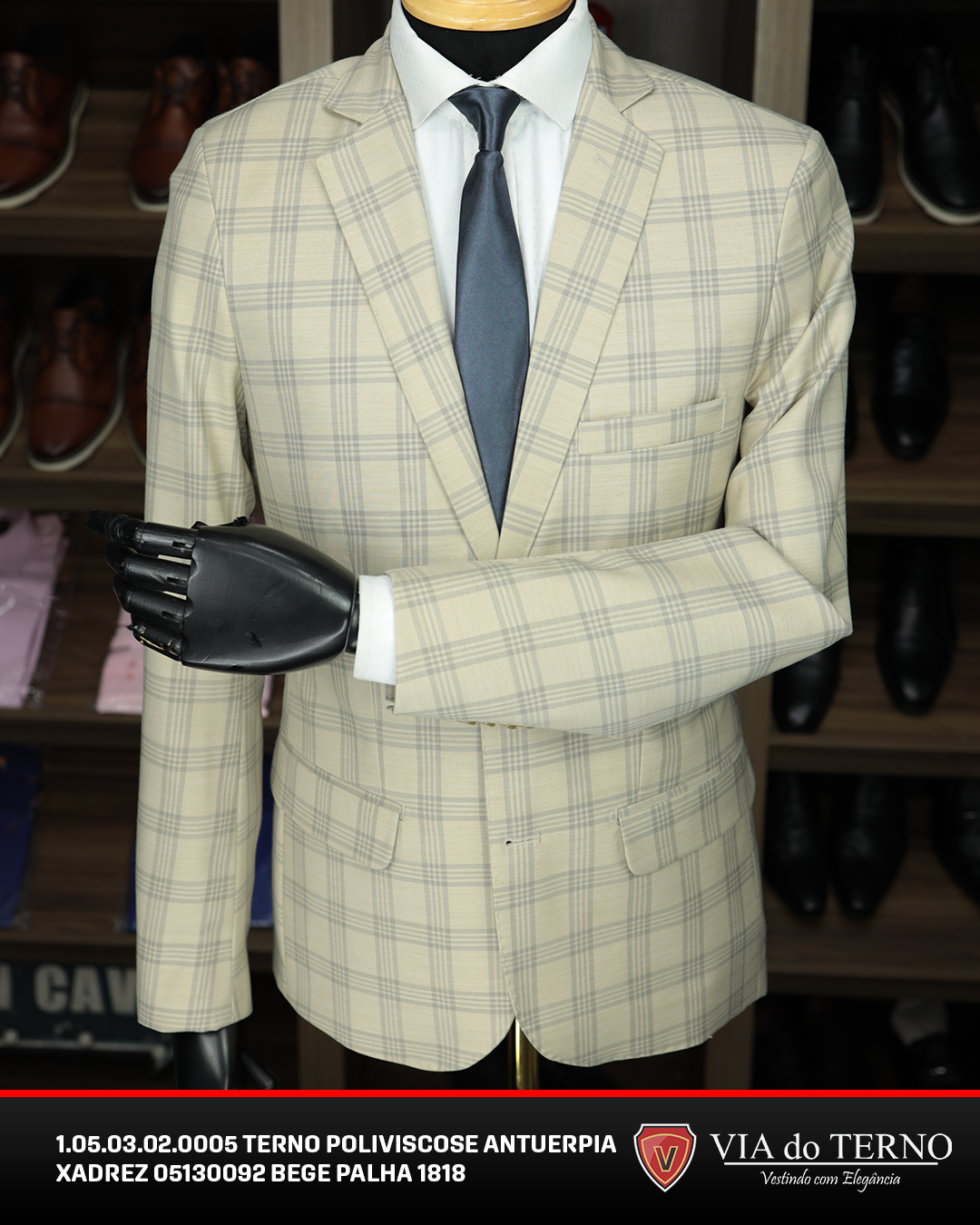 06 terno slim poliviscose xadrez bege palha