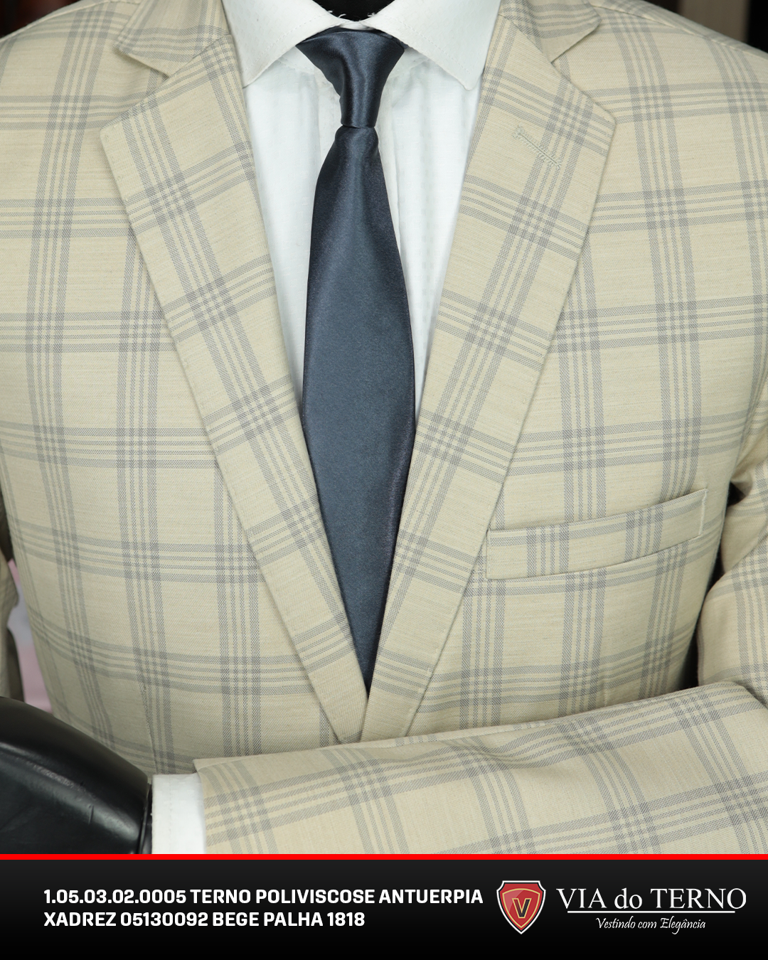 08 terno slim poliviscose xadrez bege palha