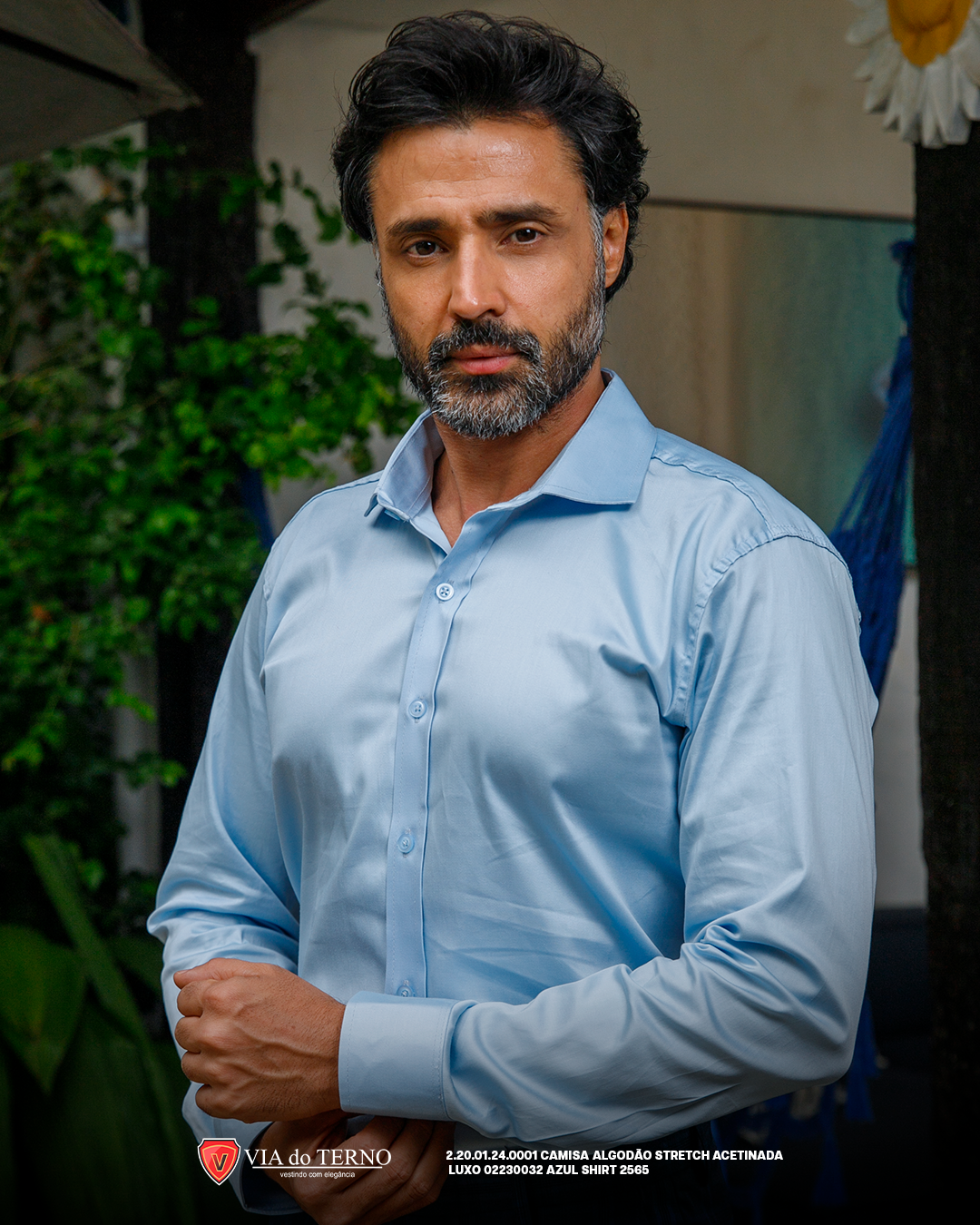 05 camisa social slim acetinada stretch luxo azul