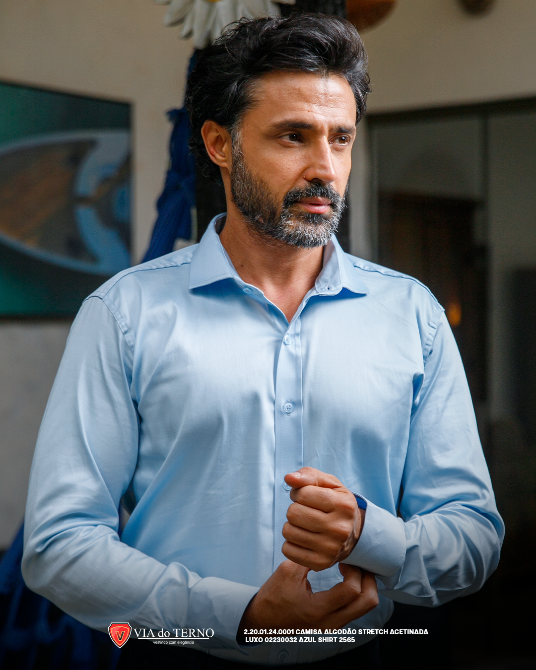 06 camisa social slim acetinada stretch luxo azul