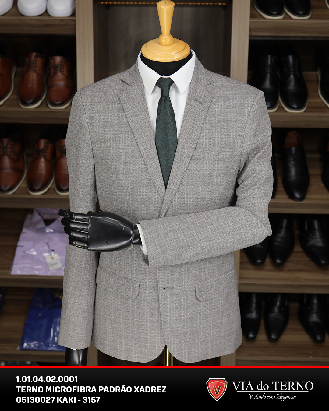 01 terno slim xadrez kaki microfibra