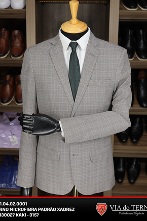 01 terno slim xadrez kaki microfibra