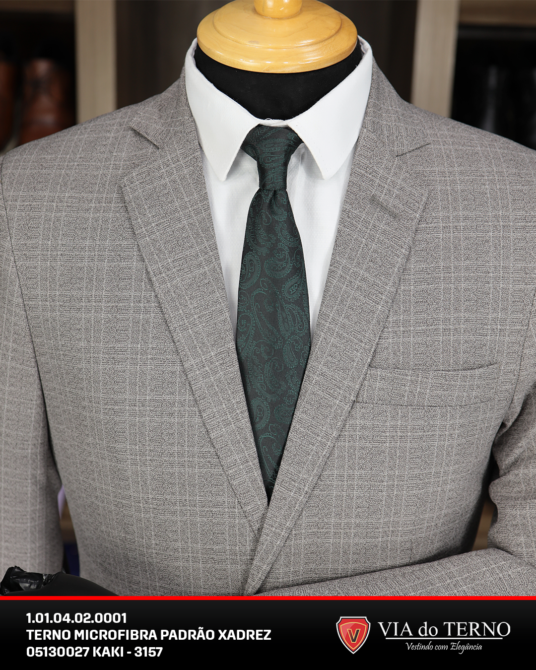 02 terno slim xadrez kaki microfibra