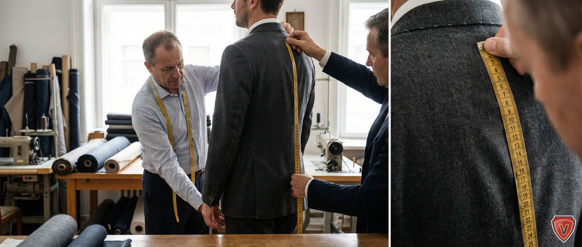 Alfaiate tirando medidas de um cliente para terno sob medida