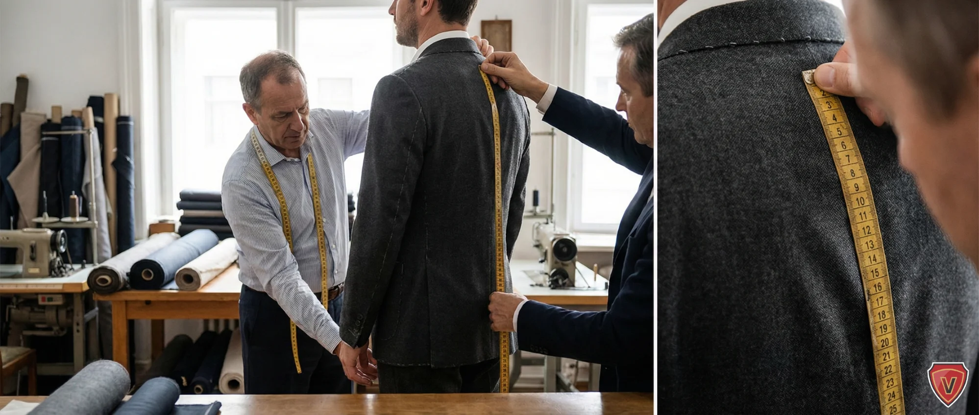 Alfaiate tirando medidas de um cliente para terno sob medida